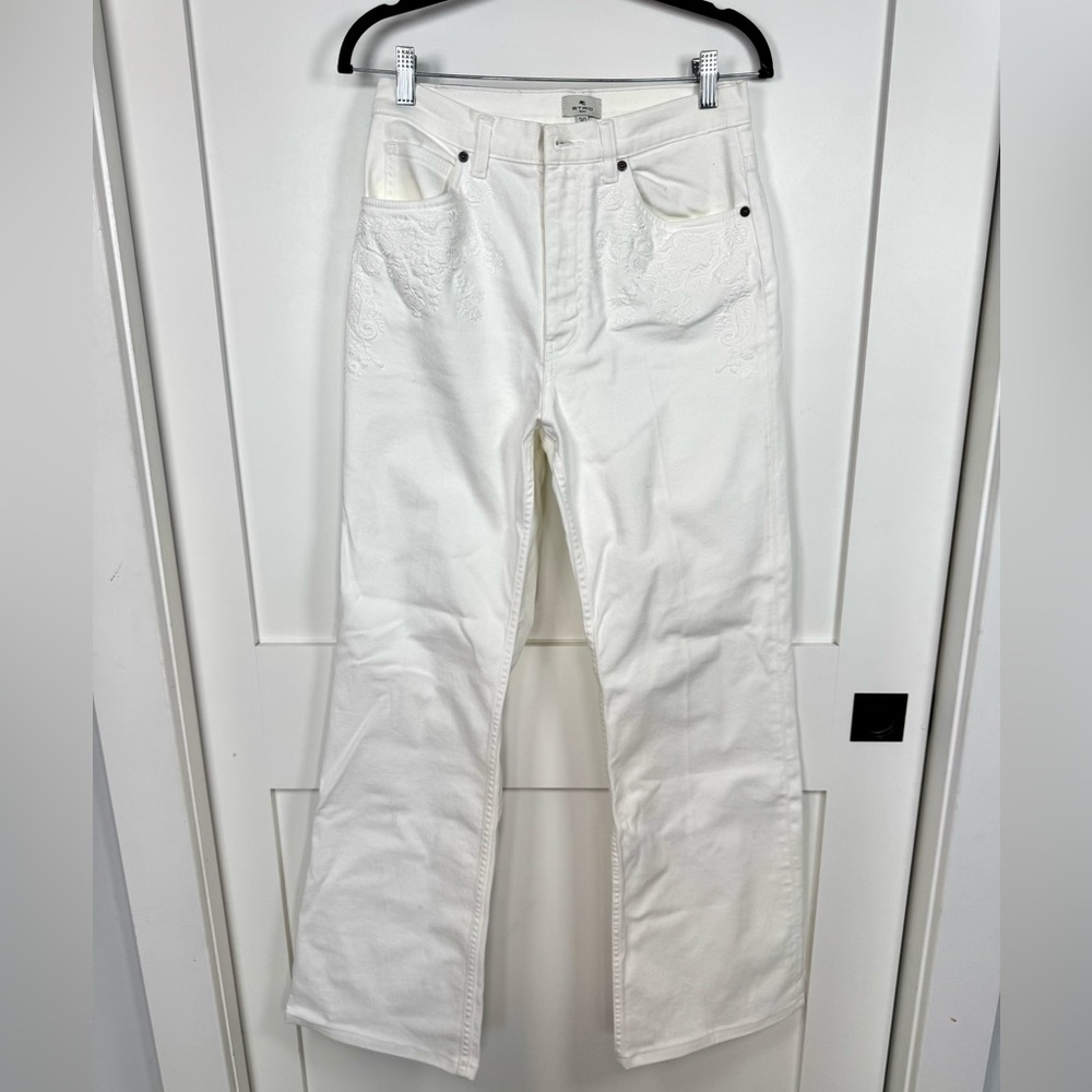 ETRO Milano White Paisley Embroidered Straight Leg Jeans Size 30